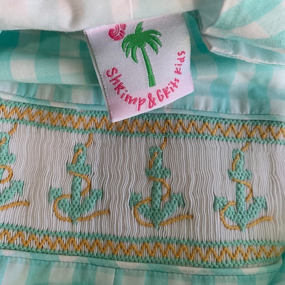 Boy's Shrimp and Grits Plaid Jonjon/Overall with Smocked Anchor Detail 6M - Picture 2 of 4